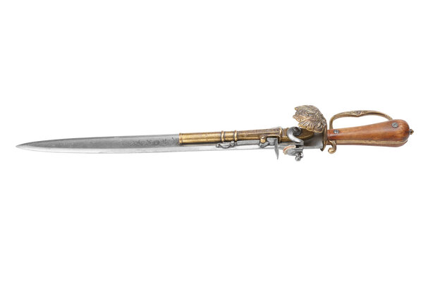 Old fashioned dagger that has a pistol mounted on the blade