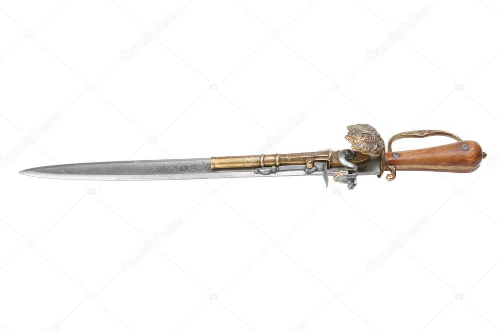 Old fashioned dagger that has a pistol mounted on the blade