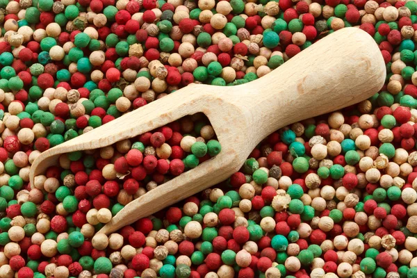 Mezcla colorida de granos de pimienta, cucharada de madera —  Fotos de Stock