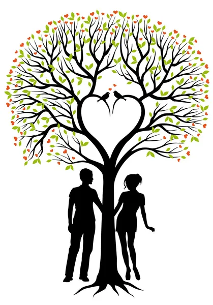 Casal com árvore do coração, fundo vetorial — Vetor de Stock