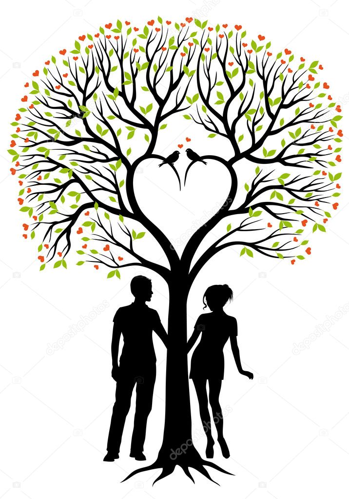 Couple with heart tree, vector background