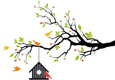 Bird house on spring tree, vector clipart