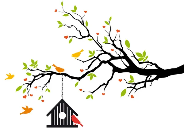 Maison d'oiseaux sur arbre de printemps, vecteur — Image vectorielle