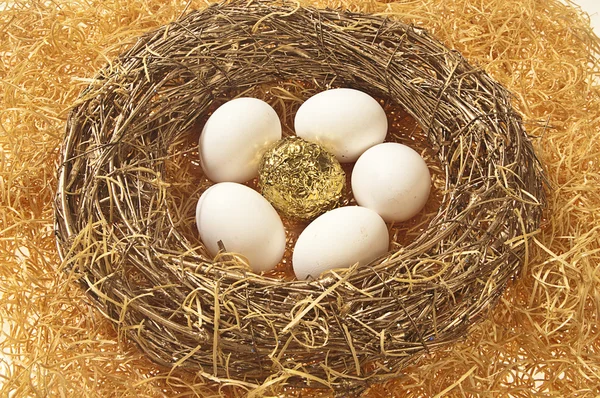 Одно яйцо из золотой фольги с пятью белыми яйцами — стоковое фото