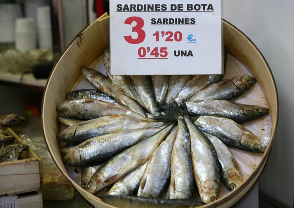 Sardines with the sales price — Stock Photo, Image