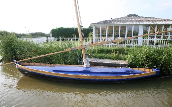 Синій човен причал на березі річки з високою очерету — стокове фото