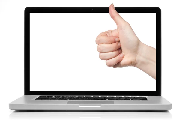 Laptop com tela em branco e mão OK isolado no branco — Fotografia de Stock