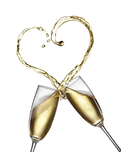 Champagne splash in shape of heart isolated on white — Stock Photo, Image