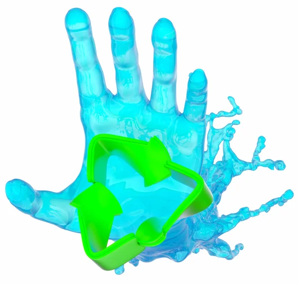 Milieu: helpende vloeibare hand en recycling teken — Stockfoto