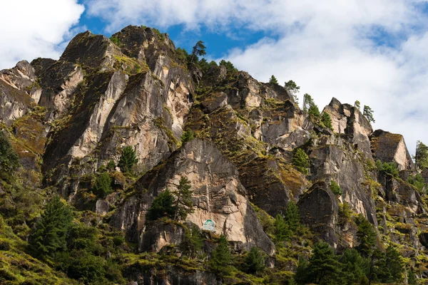 stock image Himalaya Landscape: rocks, trees and Buddhist symbols