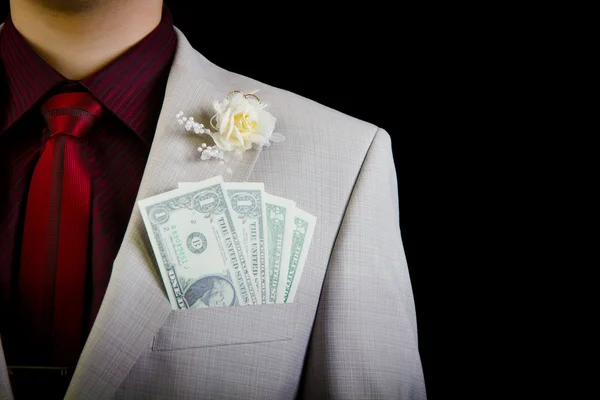 Dólares en el bolsillo del traje de novia del novio —  Fotos de Stock