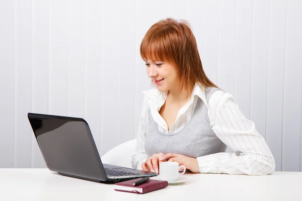 Menina atraente sorrindo com um caderno. Trabalhador de escritório — Fotografia de Stock