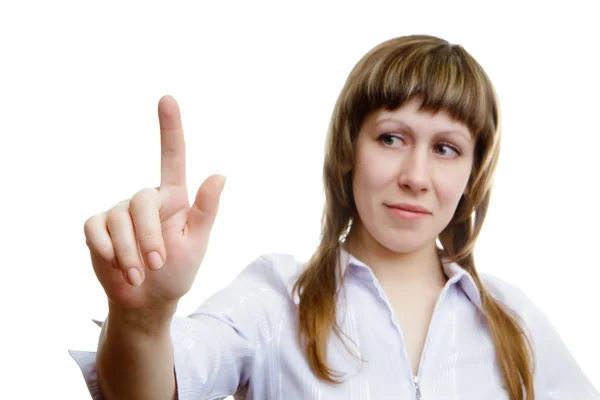 Young girl pushes imaginary button — Stock Photo, Image