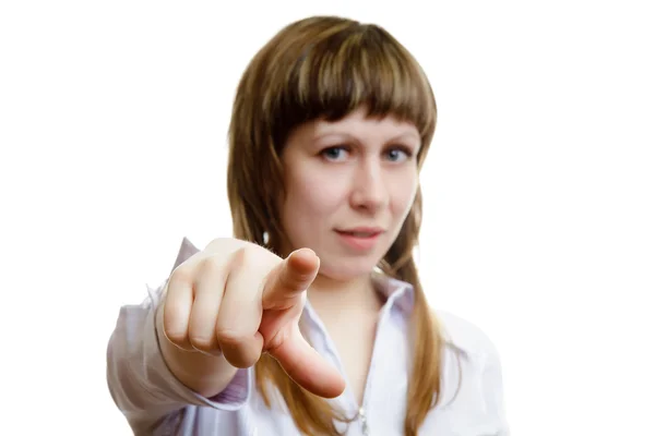 Молода дівчина показує індексний палець — стокове фото