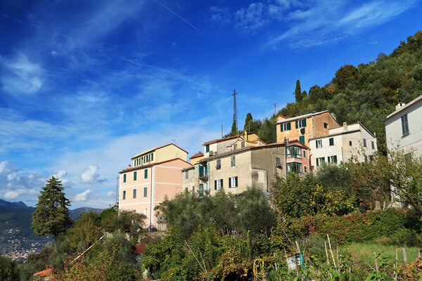 Homes in San Rocco in Camogli, characteristic small village in Liguria, Italy