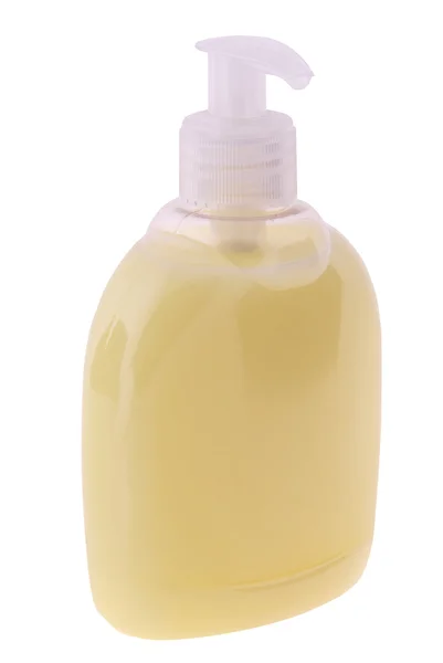 Fles van vloeibare zeep op wit. — Stockfoto