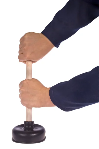 Hand holding plunger with wooden handle — Stock Photo, Image