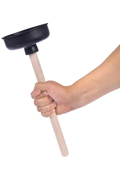 Hand holding plunger with wooden handle — Stock Photo, Image