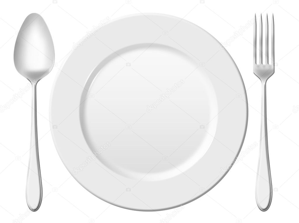 Dinner place setting. A white china plate with silver fork and s