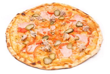 pizza sosu, peynir, marine edilmiş domuz eti, jambon, biber, turşusu