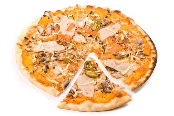 Pizza with sauce, cheese, ham, sausage, tomato, pork, mushrooms, — Stock Photo, Image