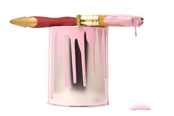 Can of pink paint and professional brush on a white — Stock Photo, Image