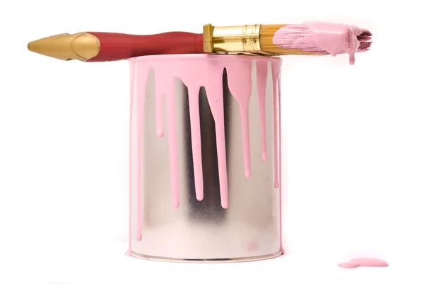 Canette de peinture rose et pinceau professionnel sur un blanc — Photo