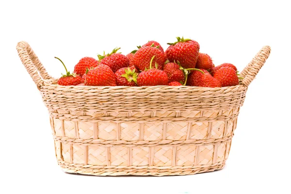 Strawberries in wooden basket isolated on white — Stock Photo, Image