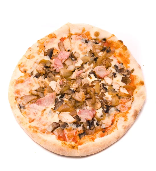 Pizza with pork and a hen, golden onions, mushrooms — Stock Photo, Image