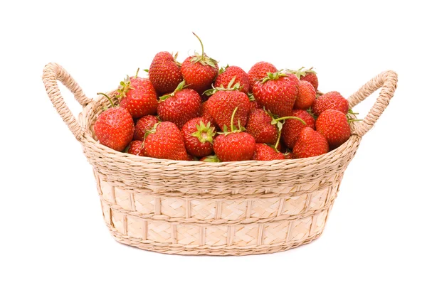 Strawberries in wooden basket isolated on white — Stock Photo, Image