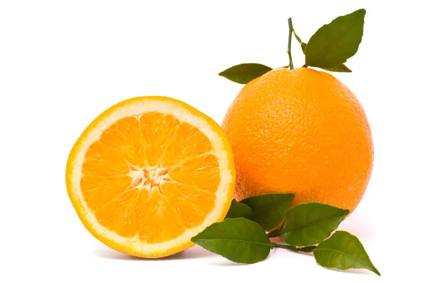 成熟的橙子，叶子被白色的背景隔开 — 图库照片