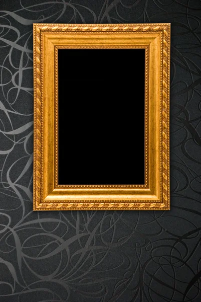Gouden frame op zwarte vintage wallpaper achtergrond — Stockfoto