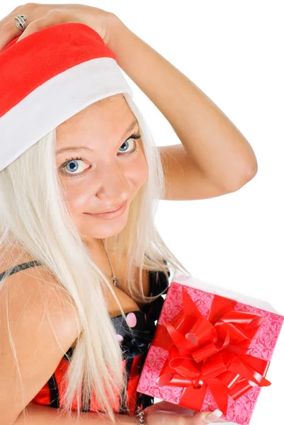 Sexy joven rubia vistiendo un corsé y un sombrero de Santa con C — Foto de Stock