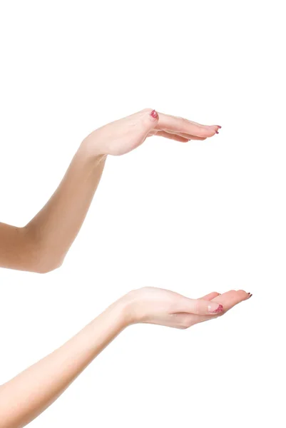 Schöne Frauenhände öffnen sich isoliert auf weißem Hintergrund — Stockfoto