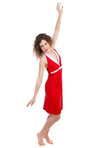 在白色背景上孤立的红裙子的年轻女子. — 图库照片