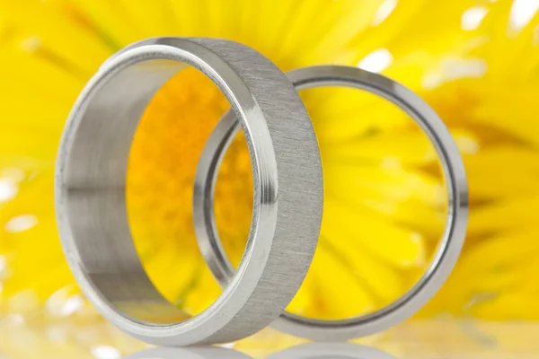 Серебряные кольца с желтыми цветами — стоковое фото
