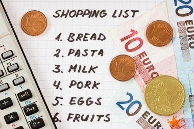 Shopping list with calculator and money clipart