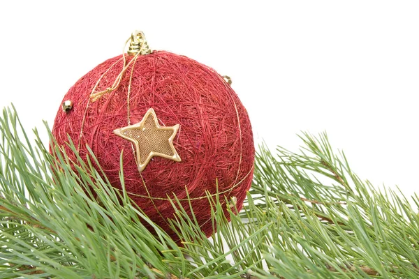 Red christmas bauble and pine branch — Stock Photo, Image