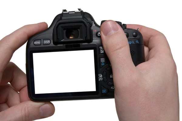 Mãos segurando câmera fotográfica digital — Fotografia de Stock