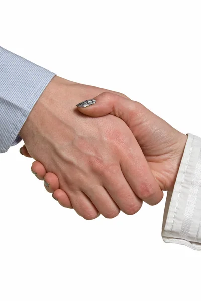 Uścisk dłoni między biznesmenem a bizneswoman — Zdjęcie stockowe