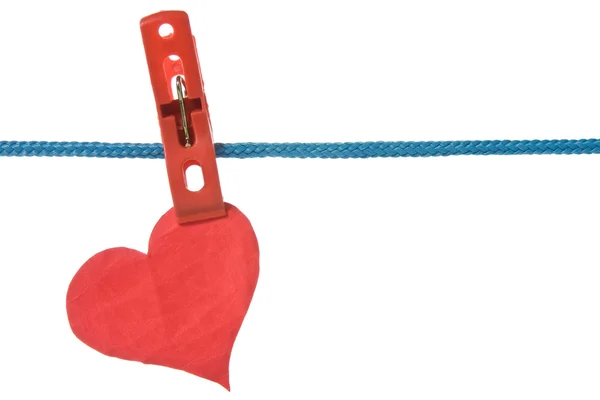 Paper heart hung on clothesline — Stock Photo, Image