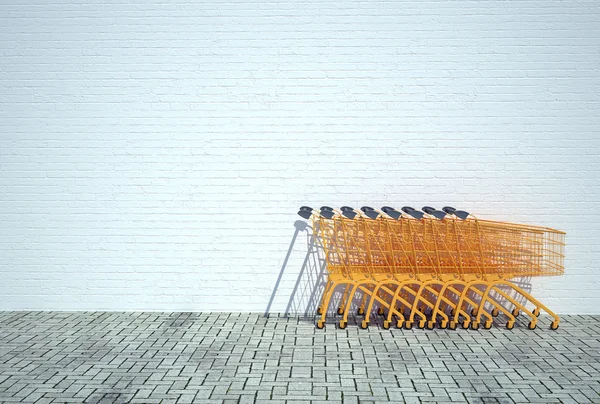 슈퍼마켓 쇼핑 트롤리 반대 벽 로열티 프리 스톡 사진