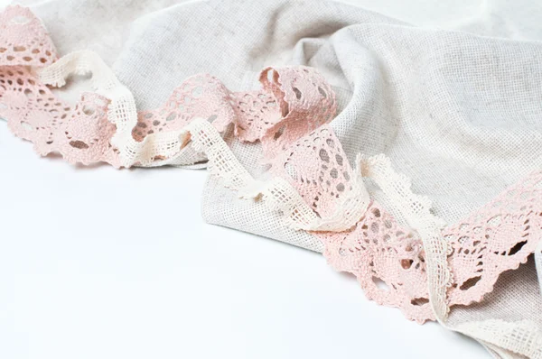 Linen fabric and handmade lace — Stock Photo, Image