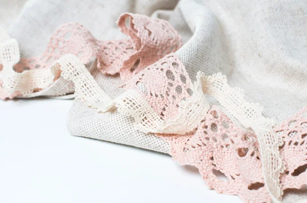 Linen fabric and handmade lace — Stock Photo, Image