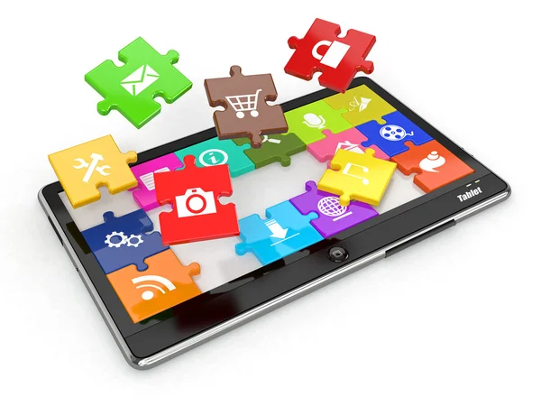 Tablet-PC-Software. Bildschirm aus Puzzle mit Symbolen. — Stockfoto