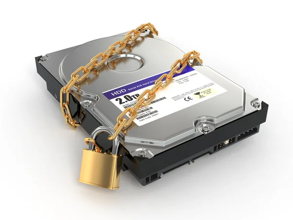 保护硬盘。链和硬磁盘驱动器上的锁 — 图库照片