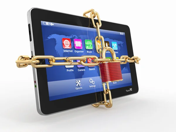 Tablet pc-beveiliging. ketting met lock op computer. — Stockfoto