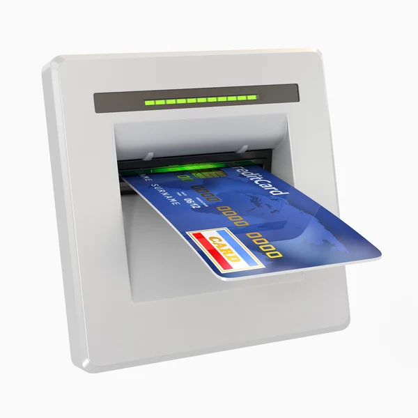 Retiro de dinero. Cajero automático y tarjeta de crédito o débito — Foto de Stock