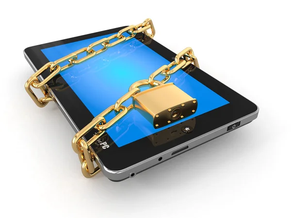 Tablet pc security. Chain with lock on computer. — Stock Photo, Image