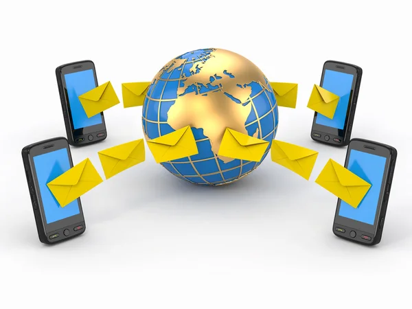 SMS üzenet, mozgatható telefon és a föld. SMS szavazás — Stock Fotó
